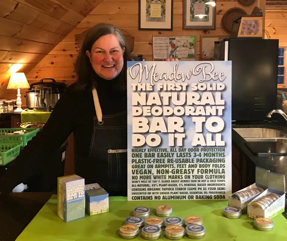 Wendy Mackenzie with her Meadow Bee Deodorant sign